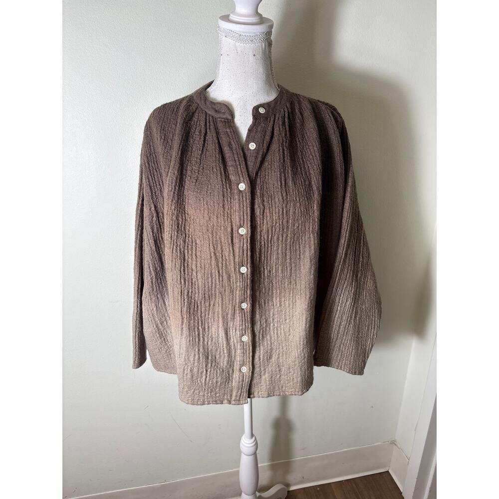 V.DE. Vinster Brown Waffle Gauze Long Sleeve Boxy Shirt Sz M